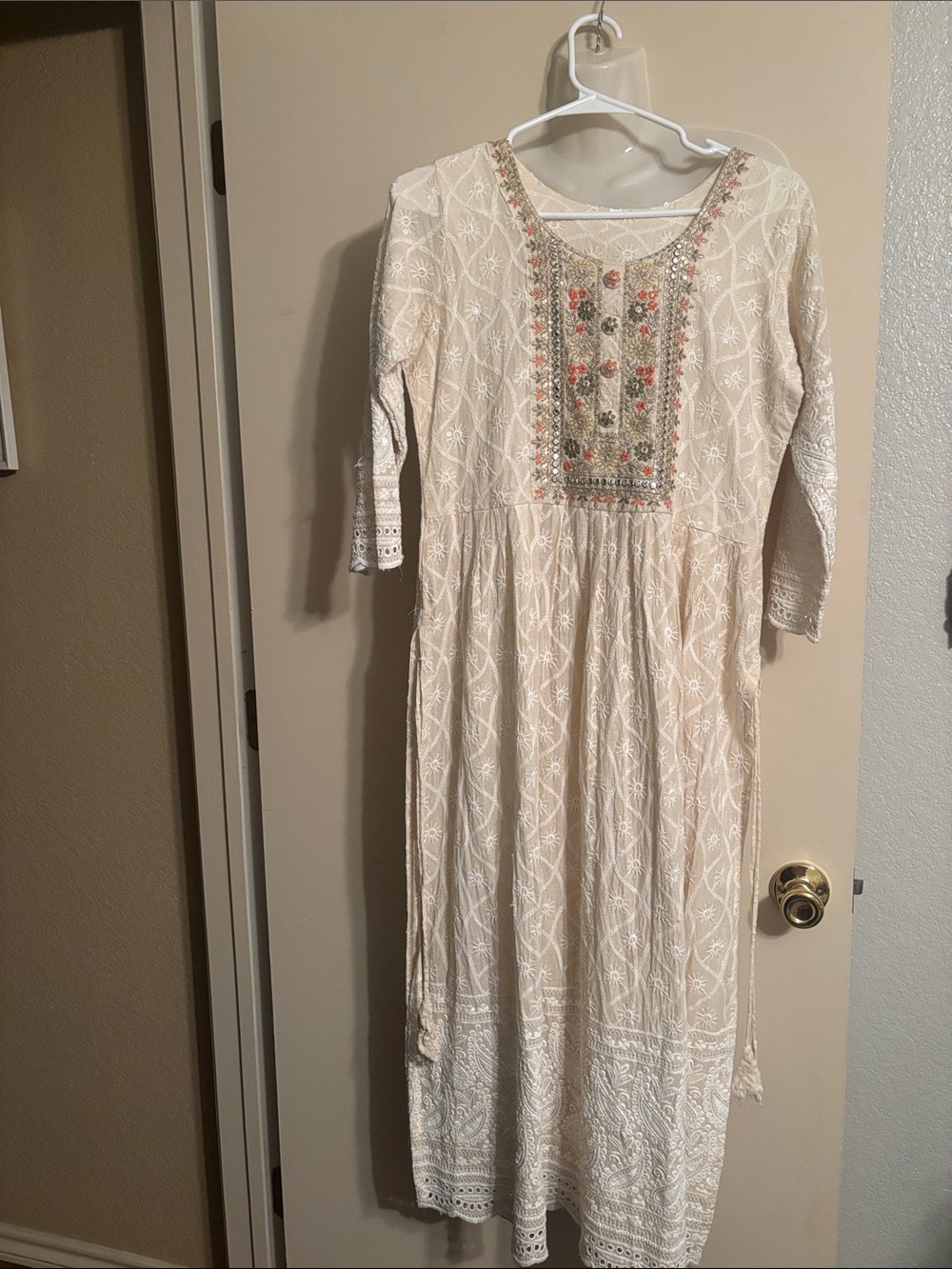 Embroidered Cream Maxi Dress with Floral Bib
